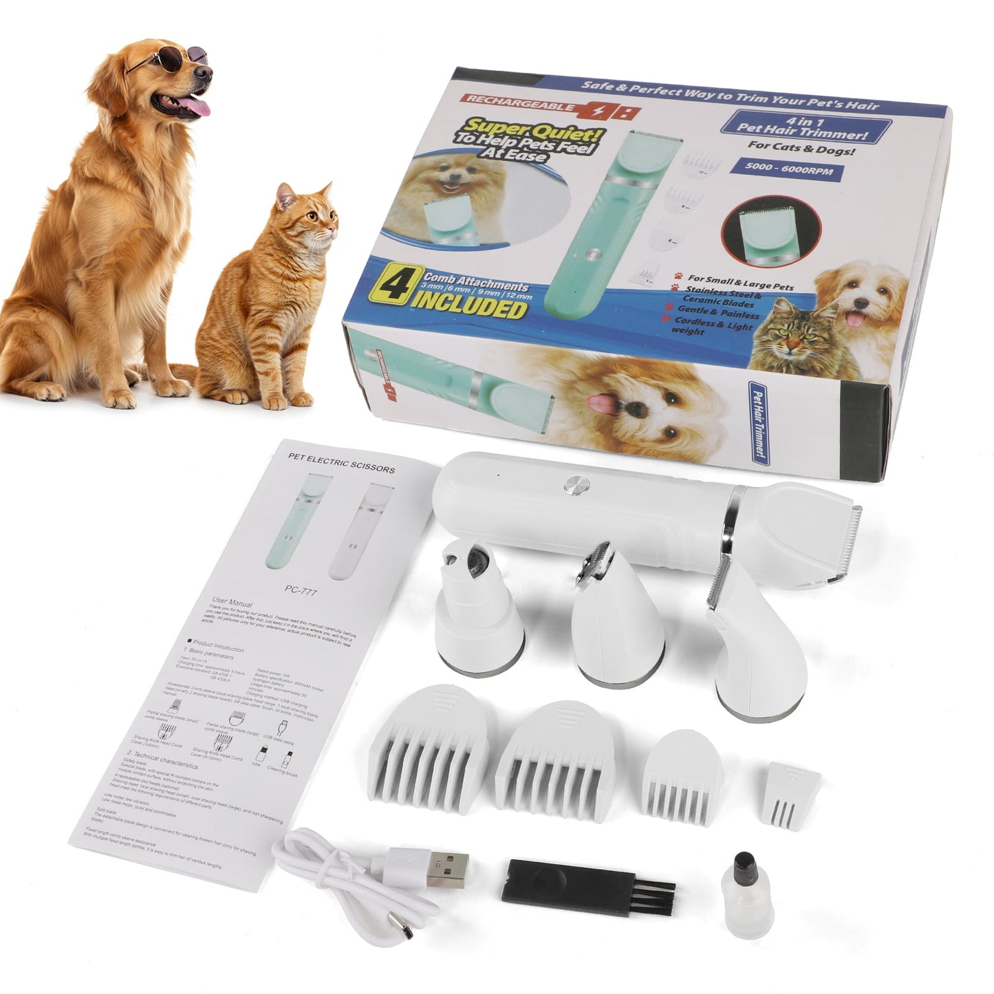 Dog Hair Clippers, Dog Grooming Kit for Thick Hair, Low Noise Dog Shaver Clipper with 4 Comb Guides, White