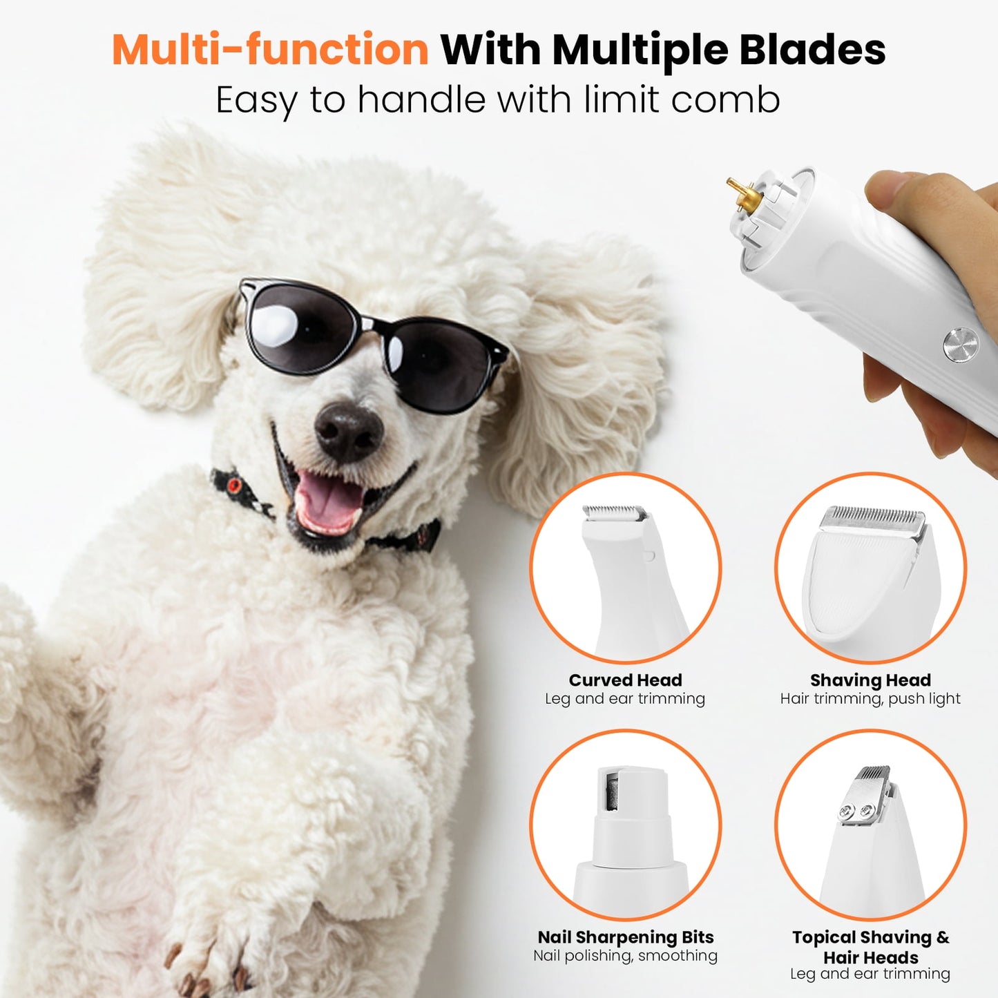 Dog Hair Clippers, Dog Grooming Kit for Thick Hair, Low Noise Dog Shaver Clipper with 4 Comb Guides, White