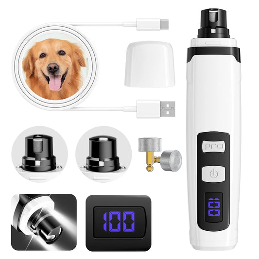 Dog Nail Grinder, 2 LED Lights, Super Quiet and Low Vibration Electric Dog Nail Trimmers for Small Medium Large Dogs & Cats